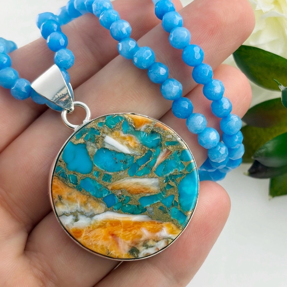 Southwest Jewelry - Sterling Silver 925 Oyster Turquoise Pendant Necklace Boho Southwest